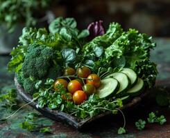 ai genererad färsk grön grönsaker och örter på mörk bakgrund. grön hjärta formad veg foto