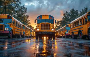 ai genererad skola bussar parkerad i rad på solnedgång foto