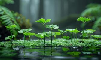 ai genererad små växt och grön löv i de vatten med vatten släppa och ormbunke bakgrund foto