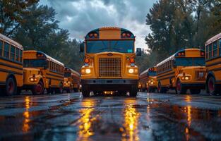 ai genererad skola bussar parkerad i rad. rad av parkerad skola bussar redo till plocka upp studenter foto