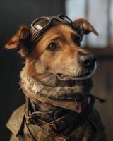 ai genererad hund i militär pilot kostym. en Foto av en hund bär militära stilar