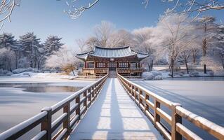 ai genererad en lugn vinter- scen fångar en traditionell koreanska pagod täckt i snö foto