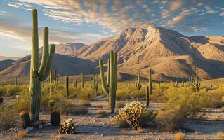 ai genererad lång saguaro kaktusar dominera de öken- landskap med en bakgrund av en berg räckvidd på solnedgång foto