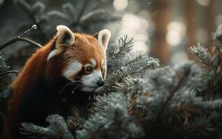 ai genererad röd panda mitt i morgon- ljus foto