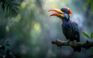 ai genererad en slående hornbill med levande fjäderdräkt vilar graciöst på en gren foto