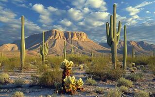 ai genererad lång saguaro kaktusar dominera de öken- landskap med en bakgrund av en berg räckvidd på solnedgång foto