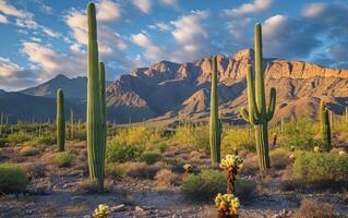 ai genererad lång saguaro kaktusar dominera de öken- landskap med en bakgrund av en berg räckvidd på solnedgång foto