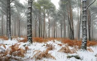 ai genererad vinter- sagoland i de tall skog foto