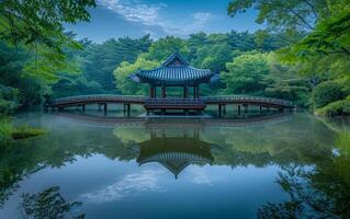 ai genererad lugn traditionell koreanska paviljong reflexion foto