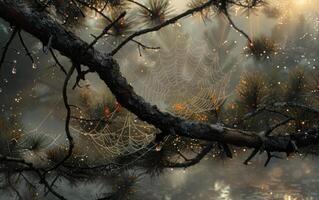 ai genererad dimmig skog morgon- med daggig spindelnät foto