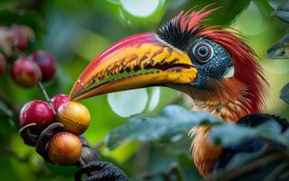 ai genererad färgrik hornbill bland lövverk foto