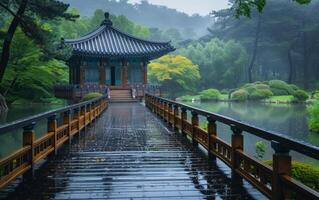 ai genererad lugn traditionell koreanska paviljong efter regn foto