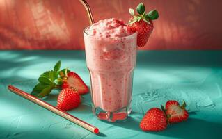 ai genererad en glas av jordgubb smoothie med en sugrör foto