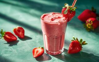 ai genererad en glas av jordgubb smoothie med en jordgubb på topp foto