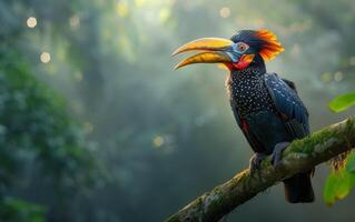 ai genererad en slående hornbill med levande fjäderdräkt vilar graciöst på en gren foto