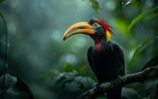 ai genererad en slående hornbill med levande fjäderdräkt vilar graciöst på en gren foto