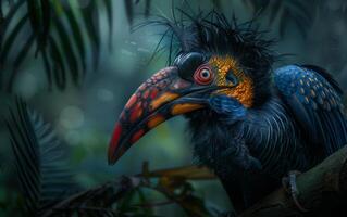 ai genererad en slående hornbill med levande fjäderdräkt vilar graciöst på en gren foto