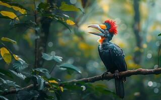 ai genererad en slående hornbill med levande fjäderdräkt vilar graciöst på en gren foto