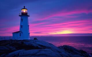 ai genererad en fyr står mot en fascinerande solnedgång himmel av djup pinks och blues foto