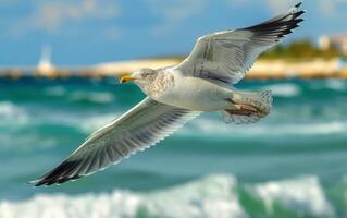 ai genererad en fiskmås glider över de krossning hav, en mästerlig visa av avian nåd och frihet foto