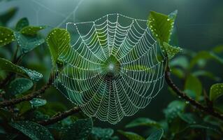 ai genererad en makro fotografera fångar de lysande skönhet av daggdroppar smyckande en Spindel webb foto