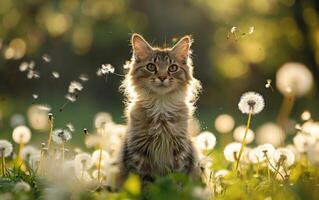 ai genererad en fängslande tabby katt sitter mitt i en fält av maskrosor foto