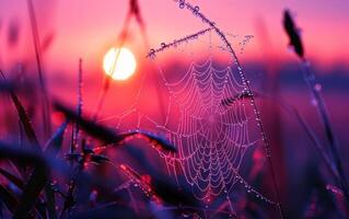 ai genererad en delikat Spindel webb, Utsmyckad med morgon- dagg, fångar de först ljus av gryning foto