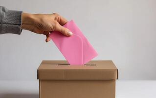 ai genererad en hand klädd i en grå Tröja diabilder en ljus rosa kuvert in i en enkel röstning låda foto