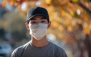 ai genererad en ung man med en svart keps och kirurgisk mask, ny vanligt i en livliga urban miljö foto