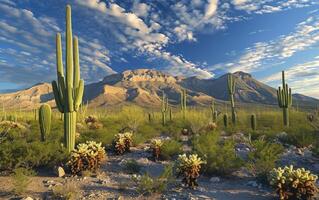 ai genererad lång saguaro kaktusar dominera de öken- landskap med en bakgrund av en berg räckvidd på solnedgång foto