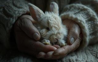 ai genererad en nyfödd kanin, mjuk och lugn, lögner bekvämt i de mild omfamning av omtänksam händer foto