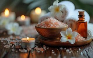 ai genererad en fredlig spa miljö Utsmyckad med himalayan salt, doftande grundläggande oljor, frangipani blommor, och lysande ljus foto