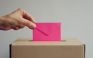 ai genererad en stänga upp visar en hand i en grå pullover placering en neon rosa kuvert in i en minimalistisk valsedel behållare foto