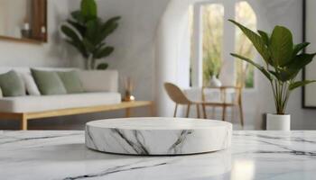 ai genererad vit marmor podium tabell i modern levande rum, attrapp för design foto