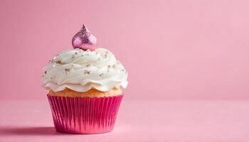 ai genererad en muffin med en rosa glasyr på en rosa bakgrund foto