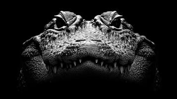 ai genererad minimalistisk galen alligator mot svart bakgrund, stänga upp alligator ansikte visa upp dess skarp tänder och texturerad hud foto