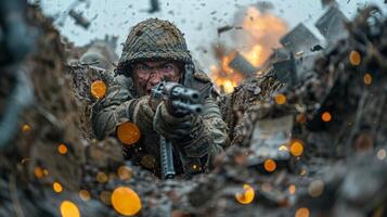 ai genererad en soldat med en maskin pistol i en dike i en bekämpa placera under en bekämpa uppdrag foto