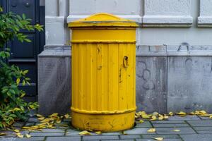ai genererad en gul återvinning behållare är på de gata foto