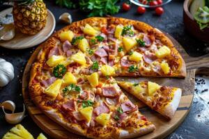 ai genererad bara bakad hawaiian pizza med ananas och skinka på trä- styrelse foto