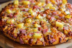 ai genererad bara bakad hawaiian pizza med ananas och skinka på trä- styrelse foto