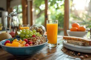 ai genererad en frukost spridning med en färsk frukt skål, knaprig granola, orange juice, och hela spannmål rostat bröd. generativ ai. foto