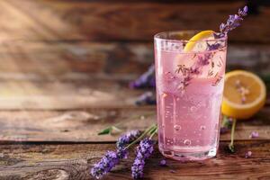 ai genererad rosa lavendel- citronsaft med en skiva av citron, provence stil, Plats för text foto