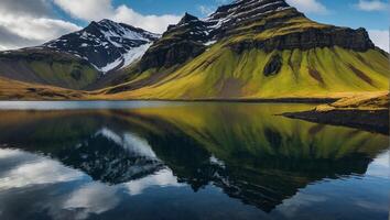 ai genererad fotorealistisk filmiska landskap av bergen speglad i en kristall sjö foto
