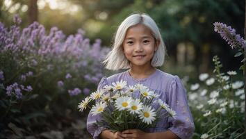 ai genererad ung asiatisk flicka med vit hår stående i en frodig grön fält med daisy på en solig dag foto