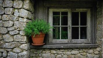 ai genererad stänga upp se av en fönster av ett gammal riden trä hus foto