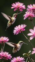 ai genererad kolibri fågel flygande Nästa till en skön rosa blommor foto