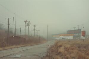 ai genererad fuktig dimmig dag på ett övergiven industriell utkant foto