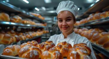 ai genererad ung professionell kvinna bagare innehav bricka med bullar i stor modern bageri foto