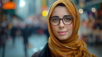 ai genererad skön ung muslim kvinna bär glasögon och hijab foto