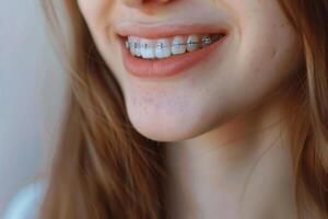 ai genererad leende med tandställning ortodontisk behandling. dental vård begrepp. skön kvinna friska leende stänga upp. närbild keramisk och metall konsoler på tänder. skön kvinna foto
